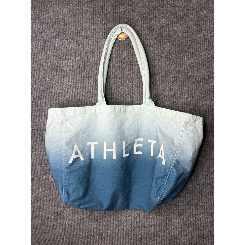 Athleta Blue Ombre Dip Dye Cotton Canvas Tote Bag Logo Beach Gym Travel